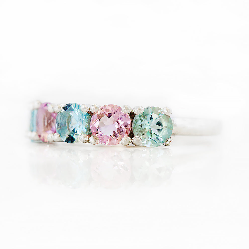 Pink Morganite and Aquamarine Half Eternity Anniversary Ring - Victoria's Jewellery