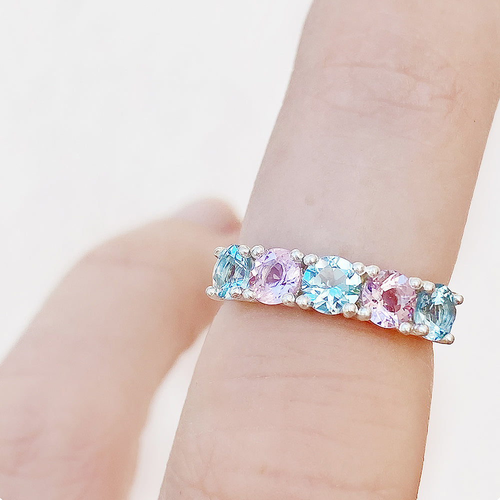 Pink Morganite and Aquamarine Half Eternity Anniversary Ring - Victoria's Jewellery
