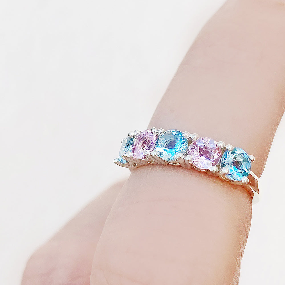 Pink Morganite and Aquamarine Half Eternity Anniversary Ring - Victoria's Jewellery