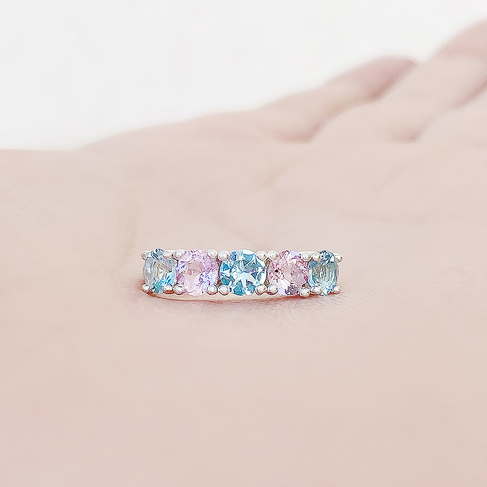 Pink Morganite and Aquamarine Half Eternity Anniversary Ring - Victoria's Jewellery