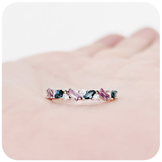 The Swan, a London Topaz, Alexandrite and Diamond Half Eternity Ring