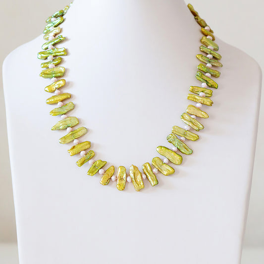 Green Biwa Pearls and 4.5mm Pink Fresh Water Pearl Necklace - 51cm - Victoria's Jewellery