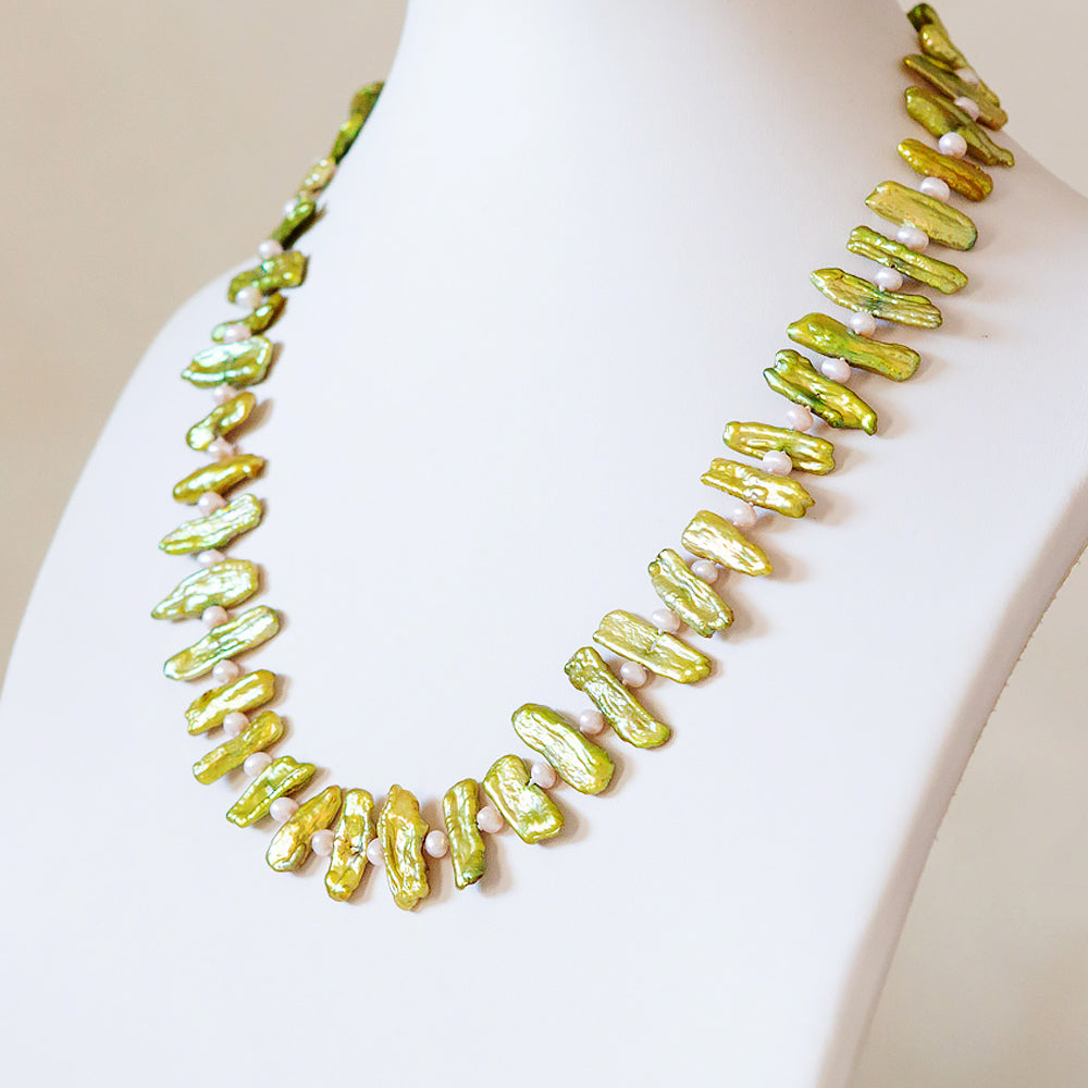 Green Biwa Pearls and 4.5mm Pink Fresh Water Pearl Necklace - 51cm - Victoria's Jewellery