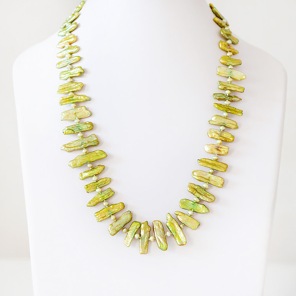 Green Biwa Tooth Pearls with Green Fresh Water Pearl Necklace - 58cm - Victoria's Jewellery