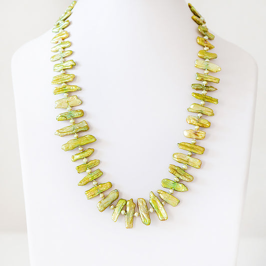 Green Biwa Tooth Pearls with Green Fresh Water Pearl Necklace - 58cm - Victoria's Jewellery