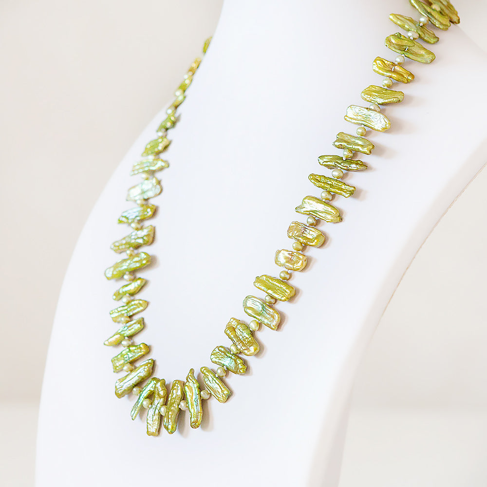 Green Biwa Tooth Pearls with Green Fresh Water Pearl Necklace - 58cm - Victoria's Jewellery