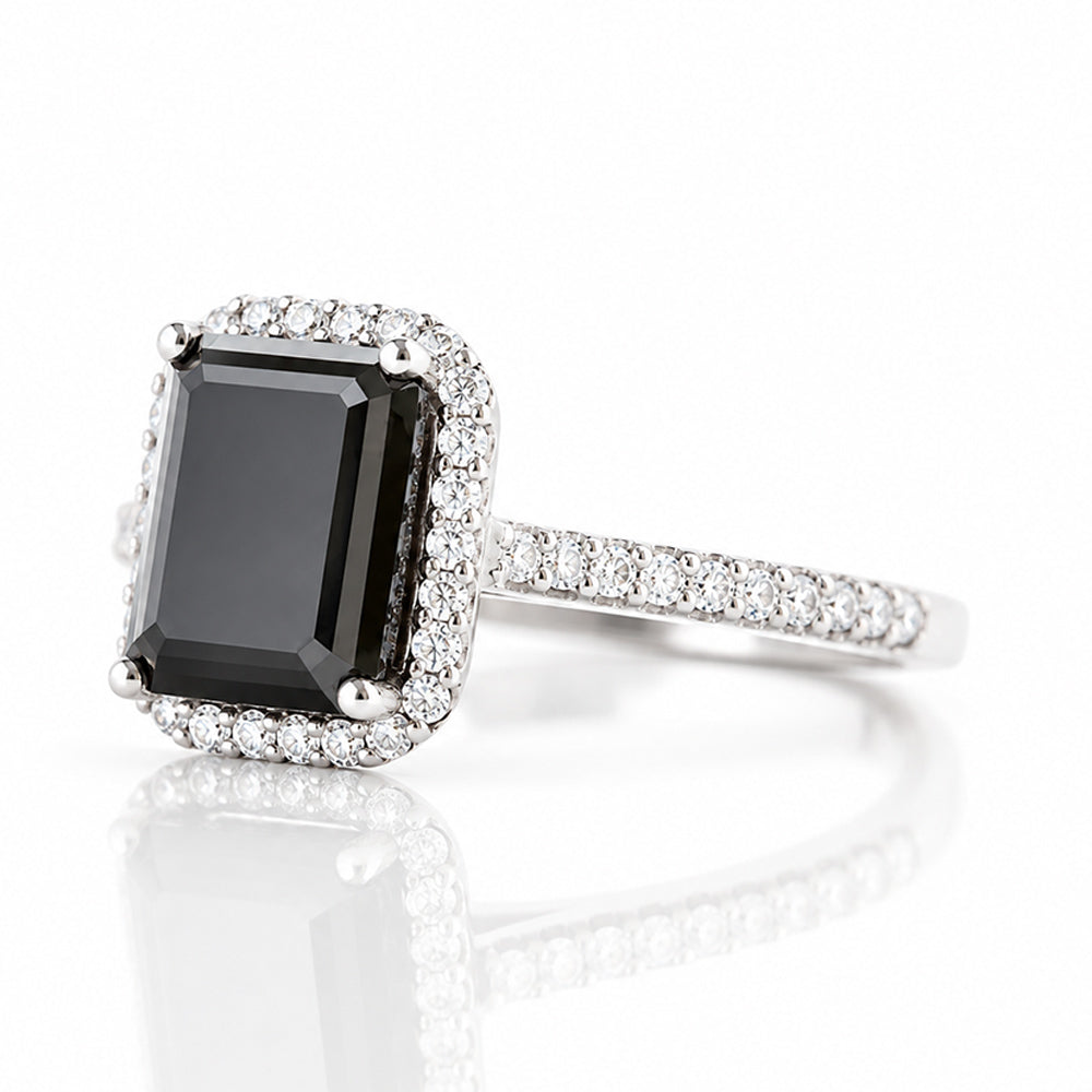 Lirio, Black Emerald cut Moissanite Halo Ring - Victoria's Jewellery