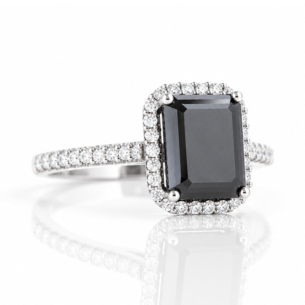 Lirio, Black Emerald cut Moissanite Halo Ring - Victoria's Jewellery