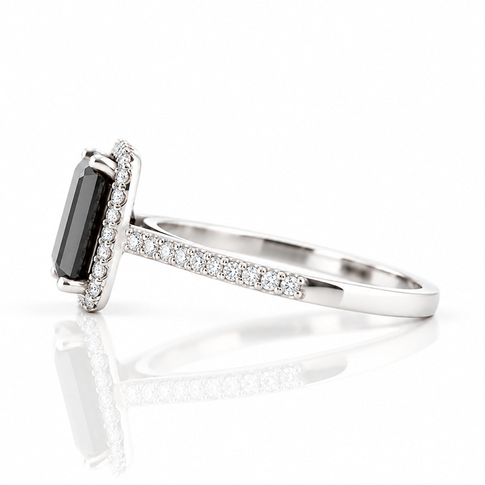 Lirio, Black Emerald cut Moissanite Halo Ring - Victoria's Jewellery
