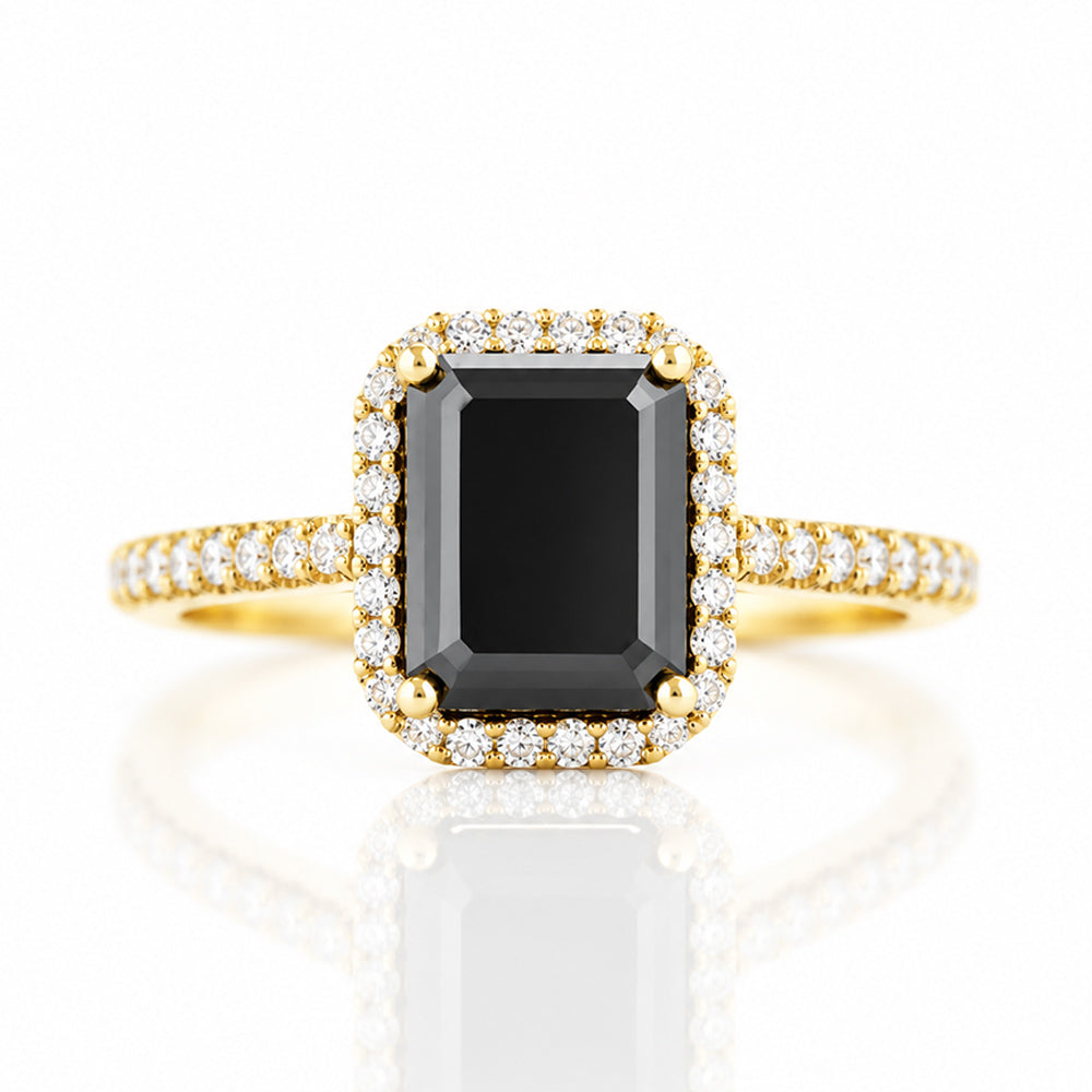 Lirio, Black Emerald cut Moissanite Halo Ring - Victoria's Jewellery