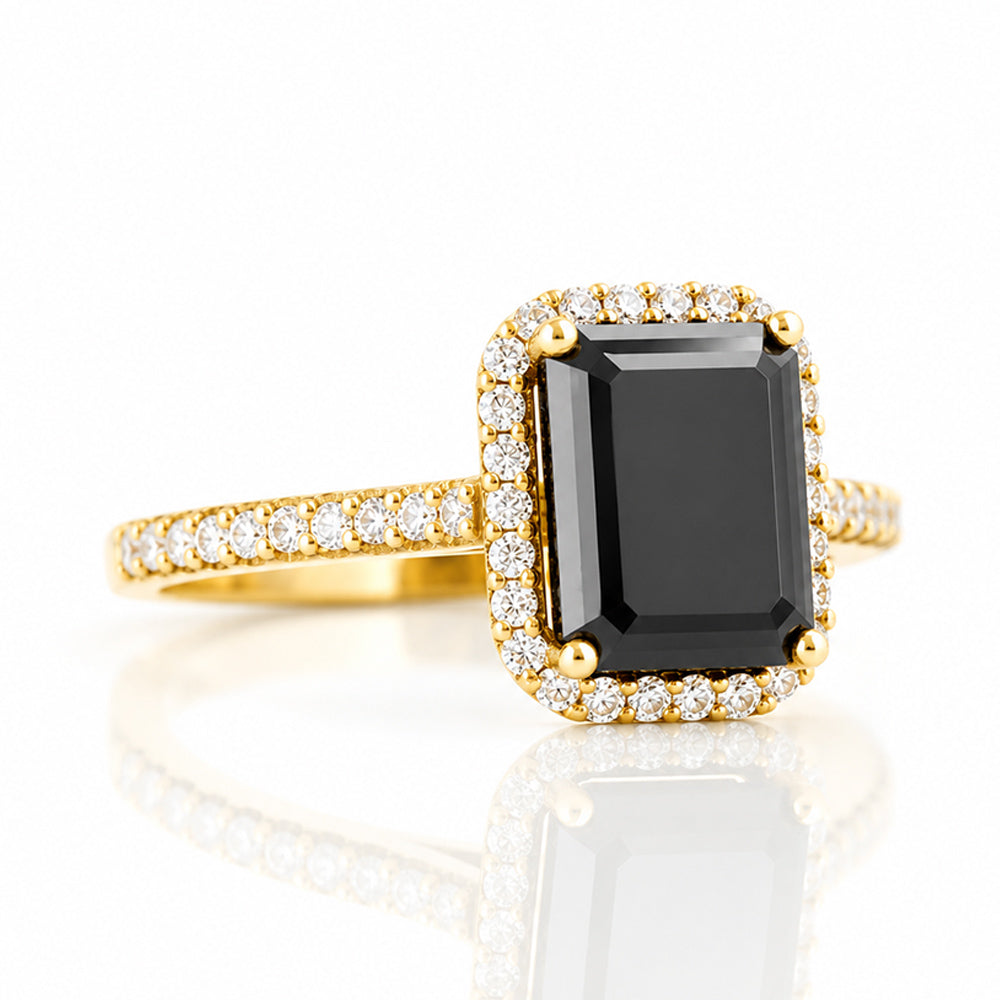 Lirio, Black Emerald cut Moissanite Halo Ring - Victoria's Jewellery