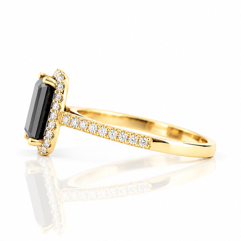 Lirio, Black Emerald cut Moissanite Halo Ring - Victoria's Jewellery