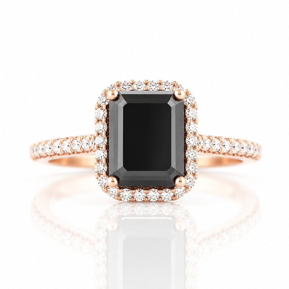 Lirio, Black Emerald cut Moissanite Halo Ring - Victoria's Jewellery