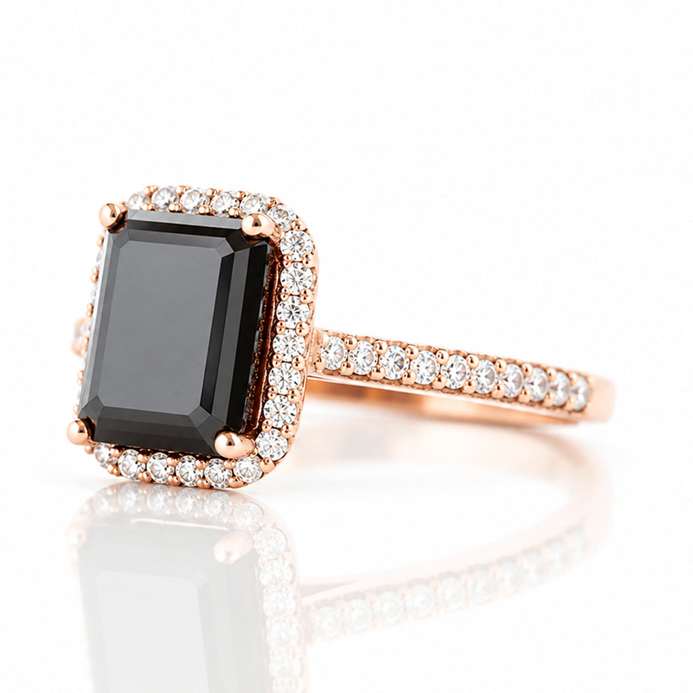 Lirio, Black Emerald cut Moissanite Halo Ring - Victoria's Jewellery