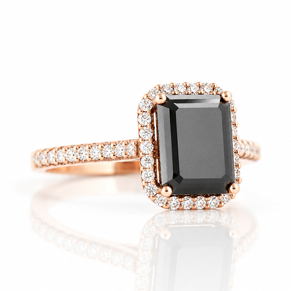 Lirio, Black Emerald cut Moissanite Halo Ring - Victoria's Jewellery