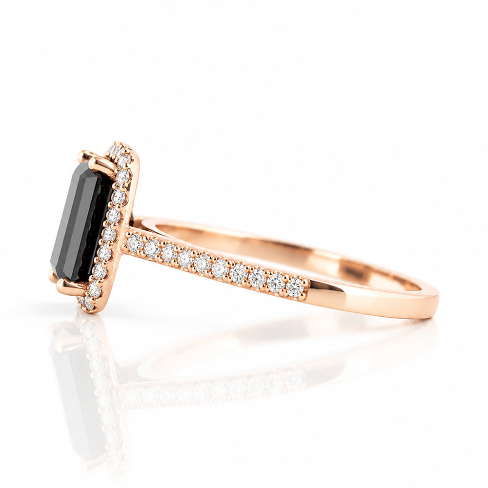 Lirio, Black Emerald cut Moissanite Halo Ring - Victoria's Jewellery