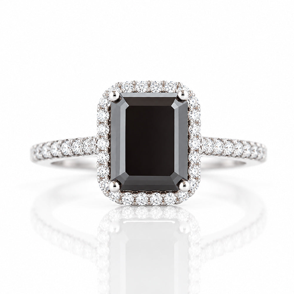 Lirio, Black Emerald cut Moissanite Halo Ring - Victoria's Jewellery