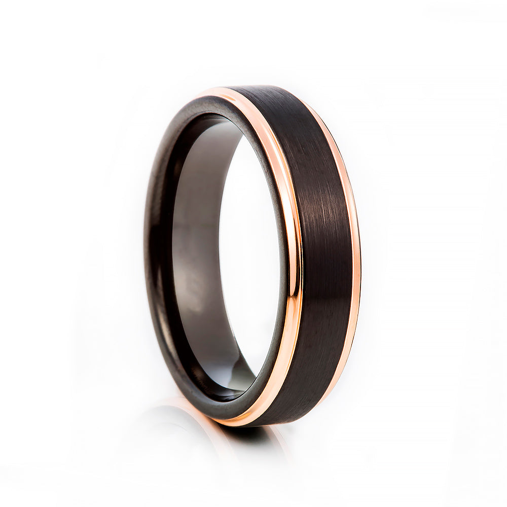 Brushed Black Tungsten and Rose Gold Mens Wedding Ring - Victoria's Jewellery