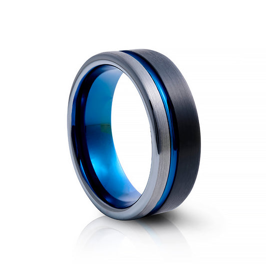 Gregory, Black, Silver and Blue Groove Tungsten Men's Ring