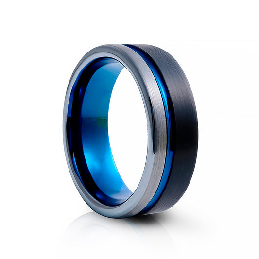 Black, Silver and Blue Groove Tungsten Mens Wedding Ring - Victoria's Jewellery