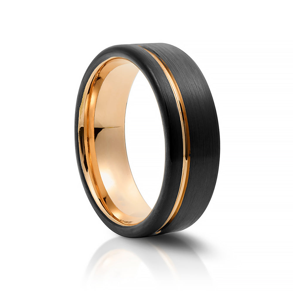 Paxton, Black and Rose Gold Grooved Men's Tungsten Ring