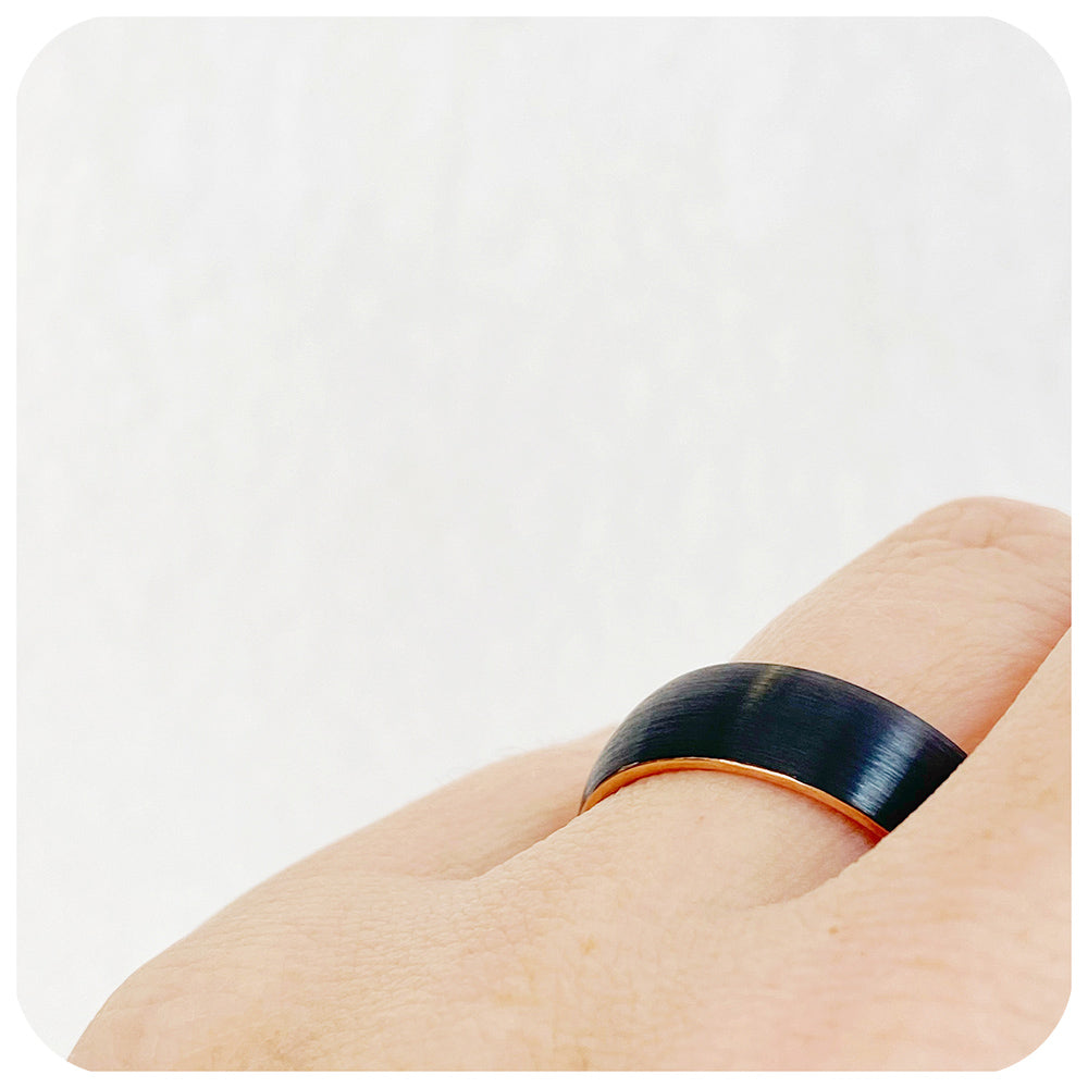 Declan, a Matt Black and Rose Gold Men's Tungsten Ring - 8mm