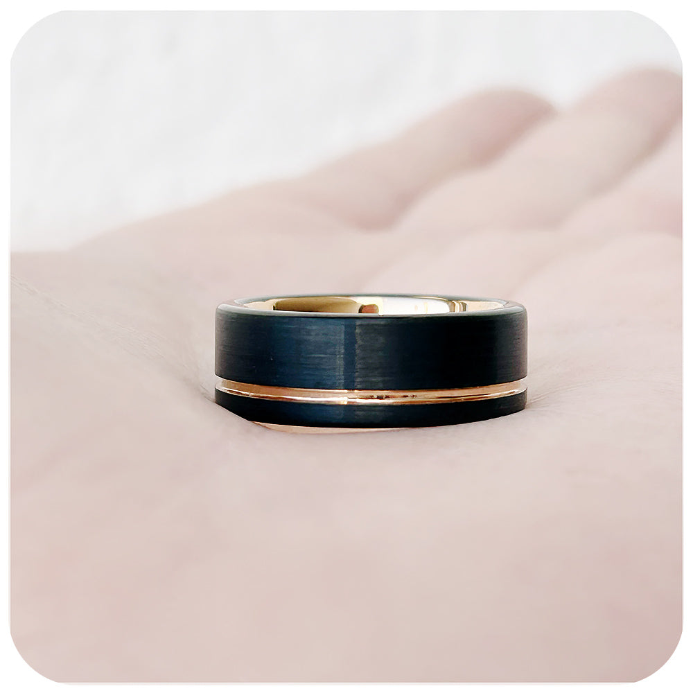 Brushed Black Tungsten Mens Wedding Ring with Rose Gold Plating - Victoria's Jewellery