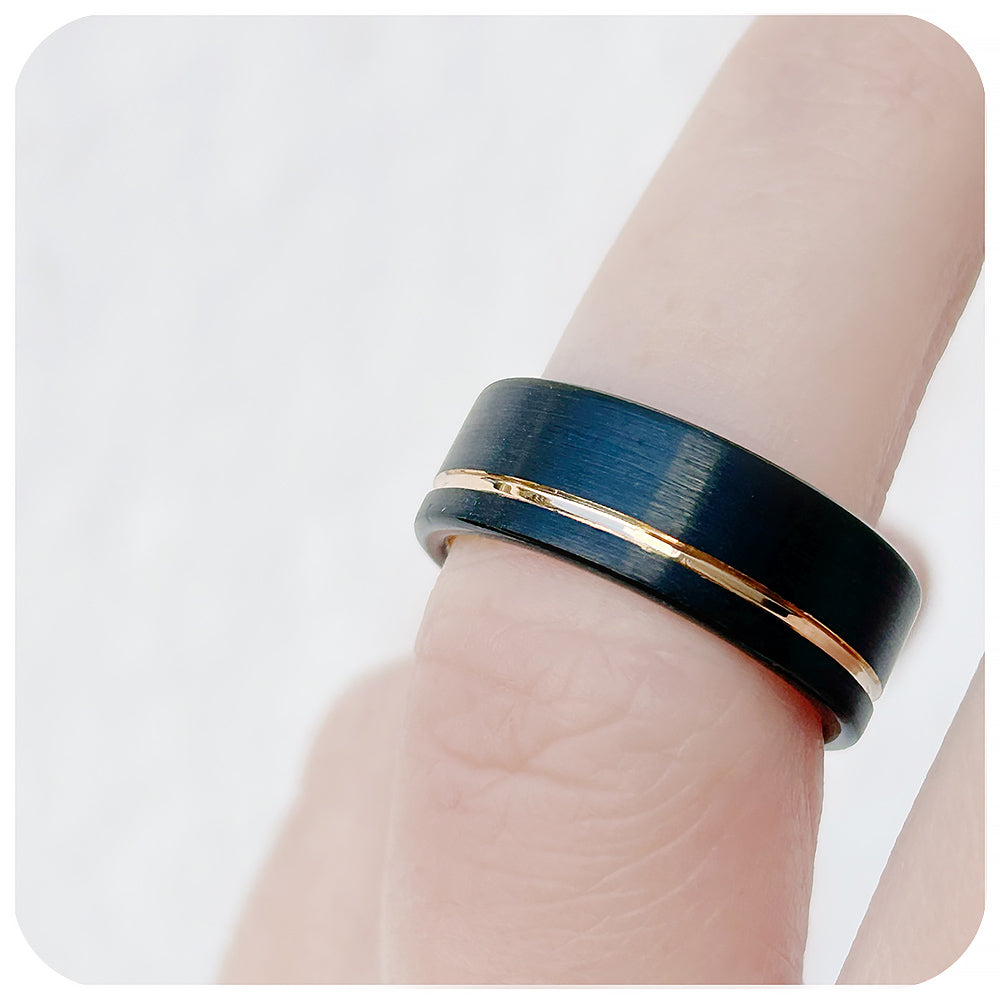 Brushed Black Tungsten Mens Wedding Ring with Rose Gold Plating - Victoria's Jewellery