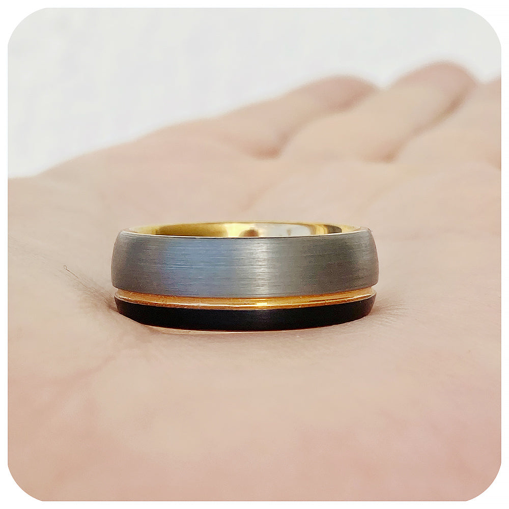 Black, Rose Gold and Silver, brushed mens tungsten wedding ring - Victoria's Jewellery