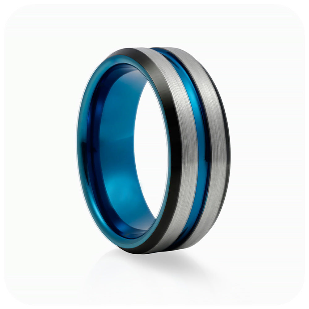 Lucas, a Black, Silver and Blue Grooved Tungsten Men's Ring
