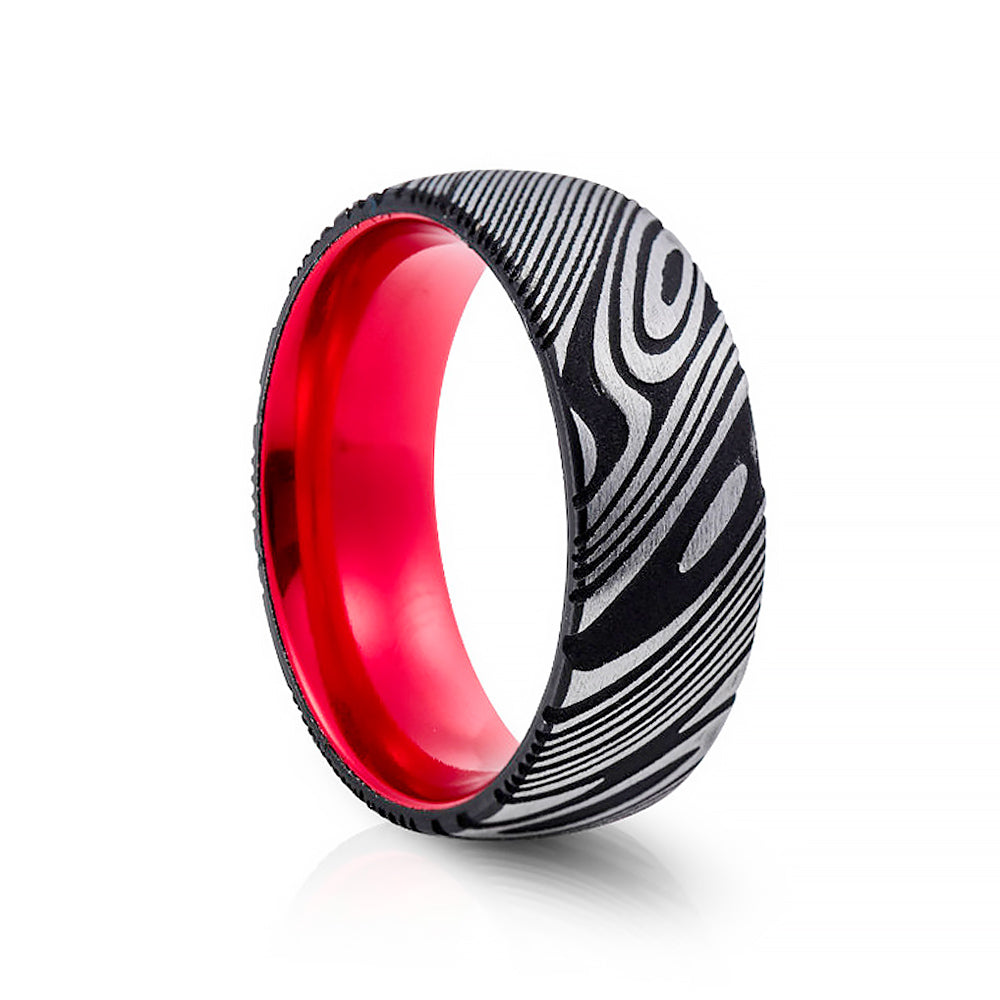 Black and White Tungsten Damascus Style Ring with Red Interior - Victoria's Jewellery