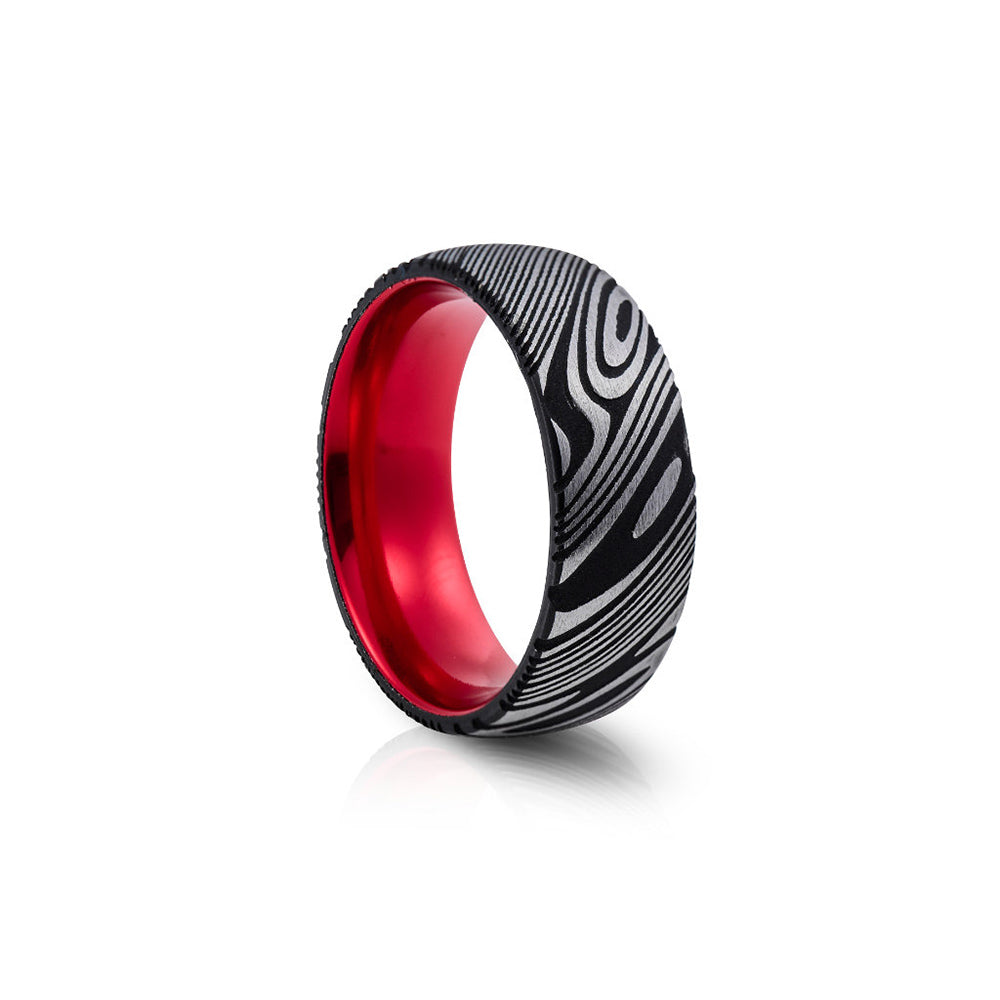 Red Racer, Silver and Black Damascus Mens Wedding Ring - 8mm