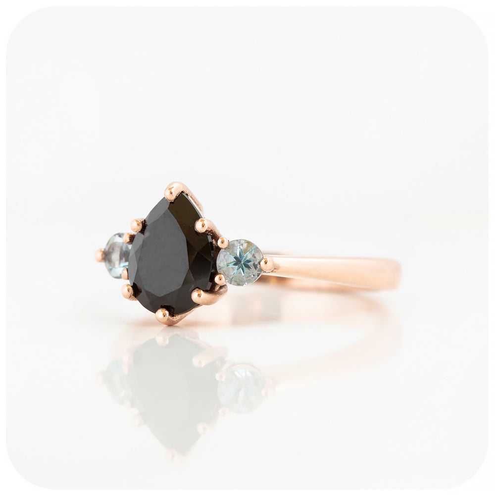 Sienna, a Black Moissanite and Aquamarine Trilogy Ring