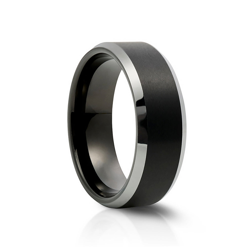 Black brushed tungsten mens wedding ring with shiny polished edges - Victoria's Jewellery