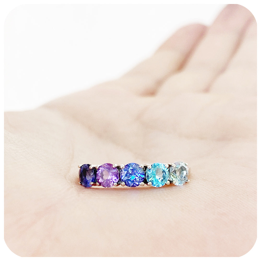 Blue Topaz Rainbow style round cut half eternity ring with tanzanite, amethyst and topaz - Victoria's Jewellery