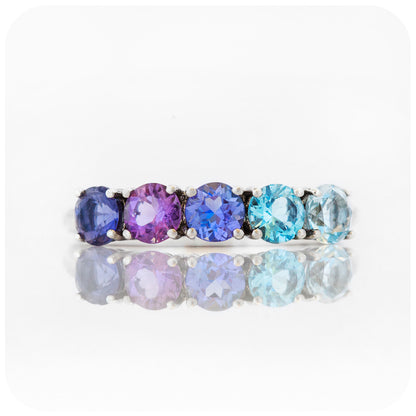 Blue Topaz Rainbow style round cut half eternity ring with tanzanite, amethyst and topaz - Victoria's Jewellery