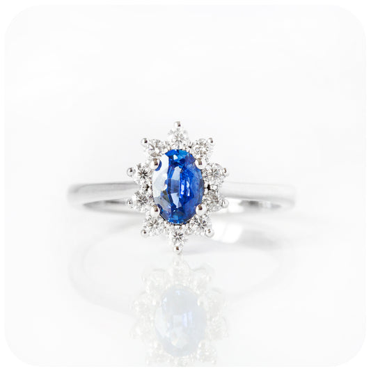 Eva, a Blue Sapphire and Diamond Halo Ring
