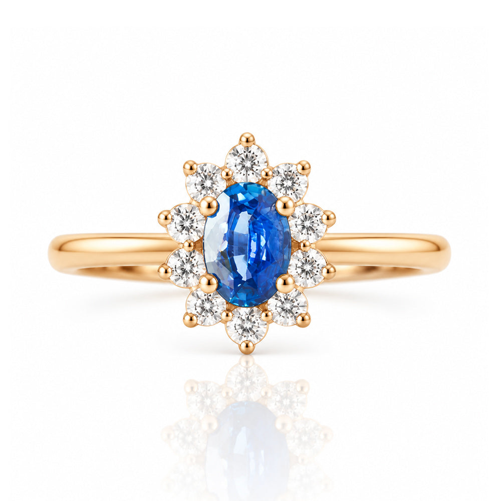 Eva, a Blue Sapphire and Diamond Halo Ring - Victoria's Jewellery
