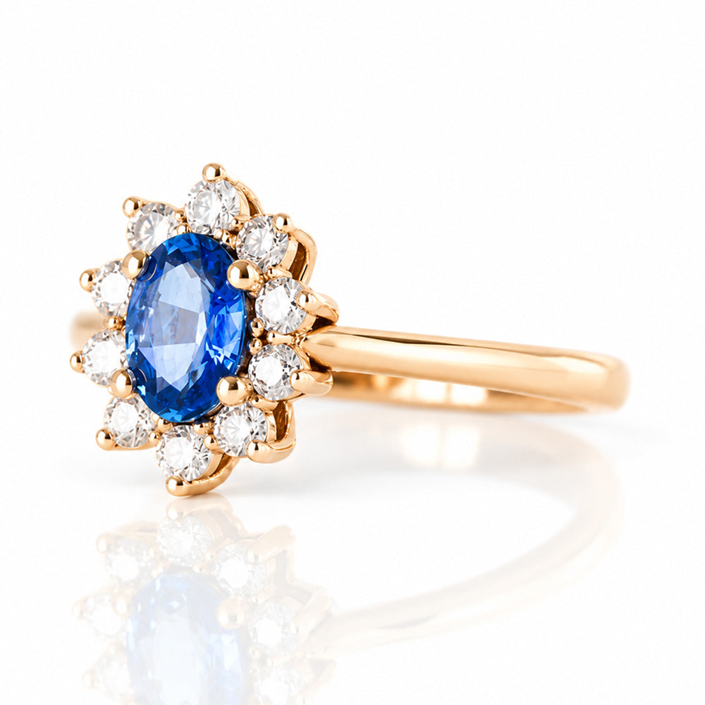 Eva, a Blue Sapphire and Diamond Halo Ring - Victoria's Jewellery