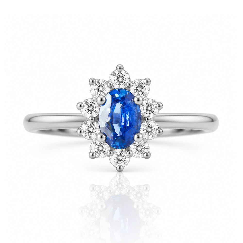 Eva, a Blue Sapphire and Diamond Halo Ring - Victoria's Jewellery