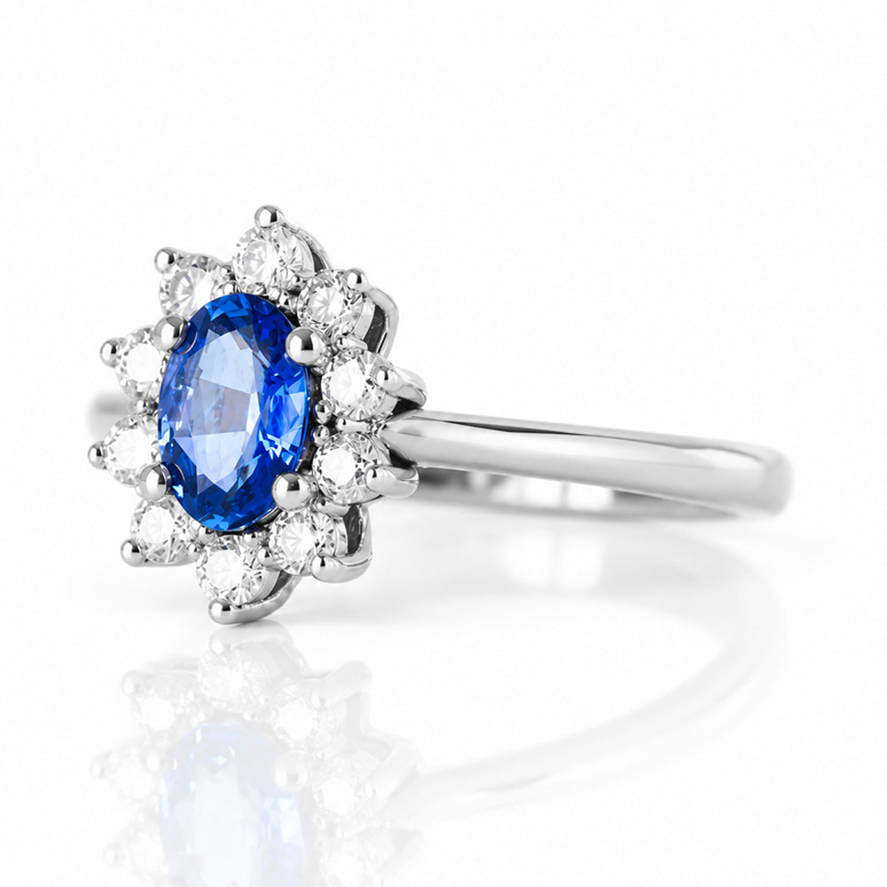 Eva, a Blue Sapphire and Diamond Halo Ring - Victoria's Jewellery
