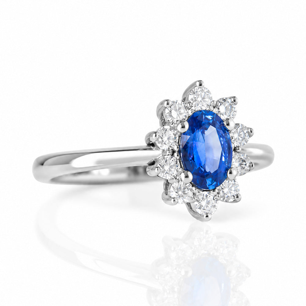 Eva, a Blue Sapphire and Diamond Halo Ring - Victoria's Jewellery