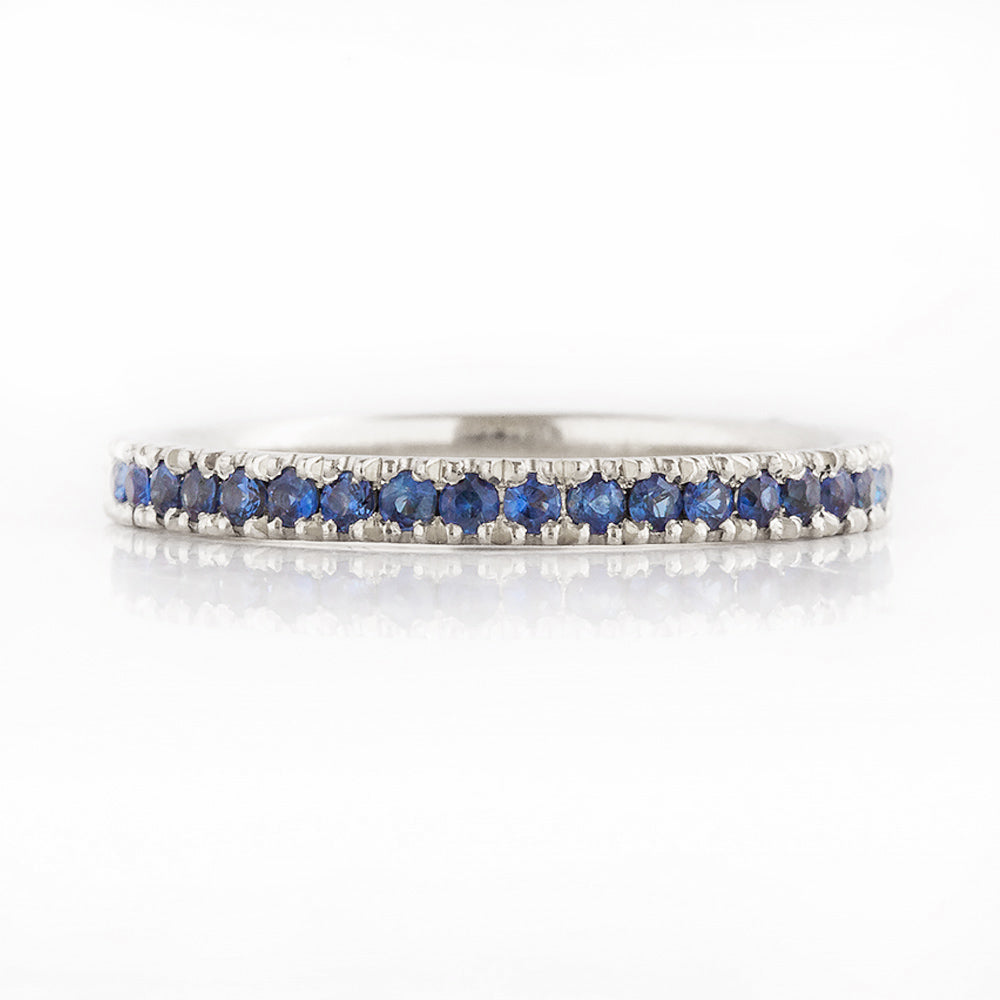 Blue Sapphire Half Eternity Stack Ring Wedding Band in White Gold - Victoria's Jewellery