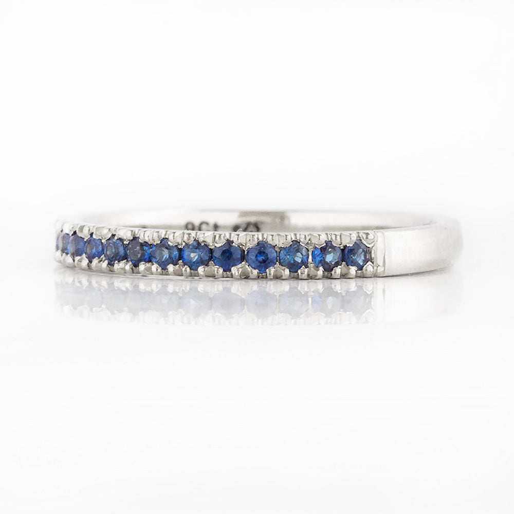 Blue Sapphire Half Eternity Stack Ring Wedding Band in White Gold - Victoria's Jewellery