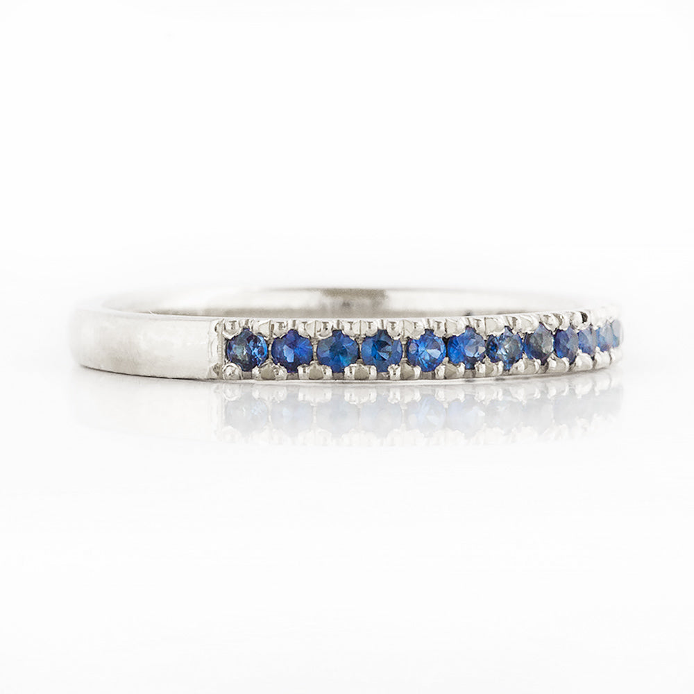 Blue Sapphire Half Eternity Stack Ring Wedding Band in White Gold - Victoria's Jewellery