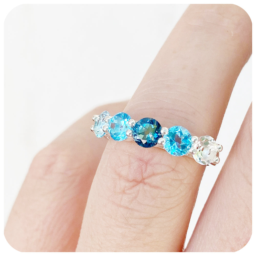 Blue Topaz Rainbow half eternity trellis Ring - Victoria's Jewellery