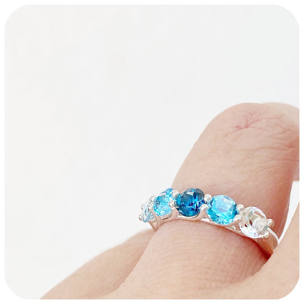 Blue Topaz Rainbow half eternity trellis Ring - Victoria's Jewellery