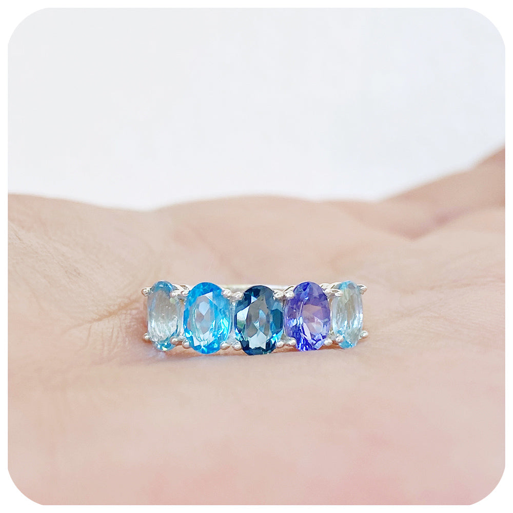 Blue Topaz and Tanzanite Rainbow Half Eternity Anniversary Ring - Victoria's Jewellery