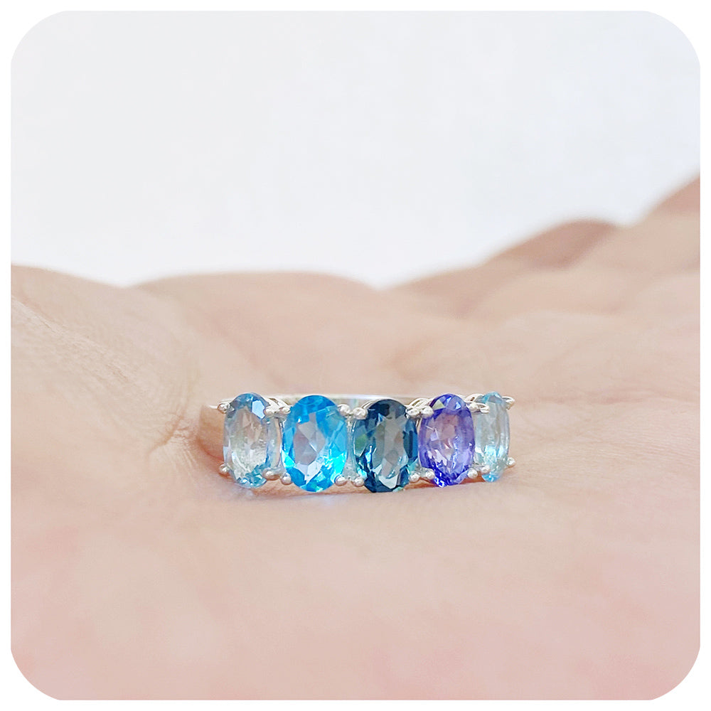 Blue Topaz and Tanzanite Rainbow Half Eternity Anniversary Ring - Victoria's Jewellery