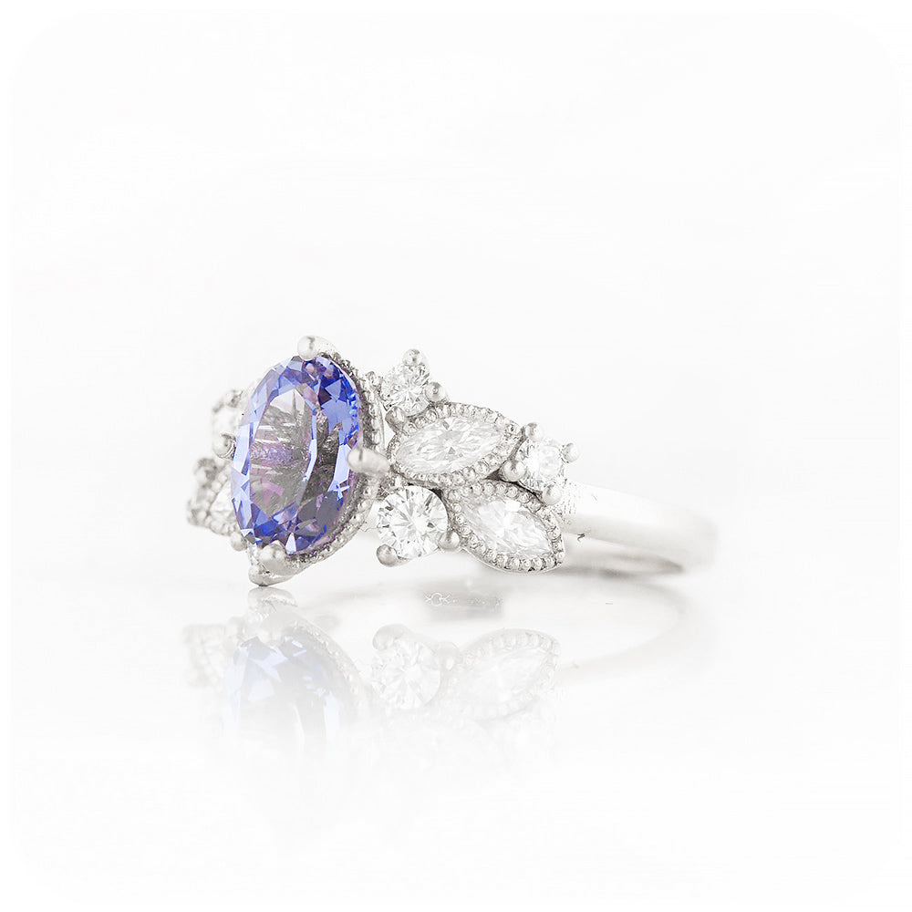 Blue and White Sapphire Cluster Style Engagement Ring - Victoria's Jewellery